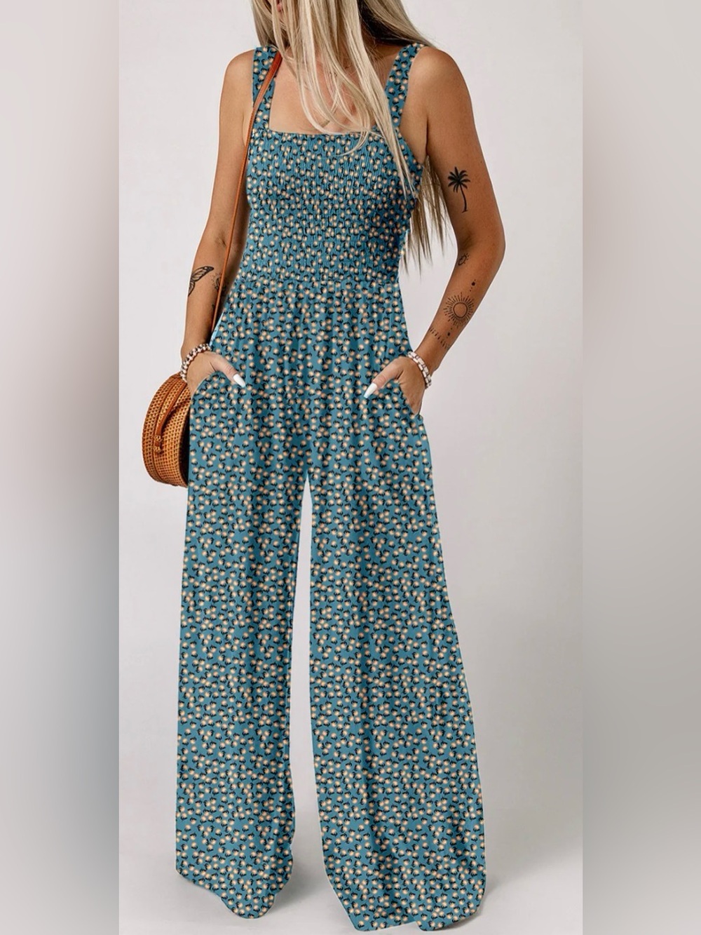 Boho Smocked Wide Leg Jumpsuit Teal Floral Palazzo Romper Small Cottagecore